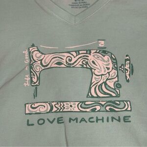Life is Good Love Machine Green Graphic Tee with Sewing Machine Design